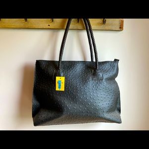 Black faux ostrich tote, brand new with tags! Really cute polka dot interior!